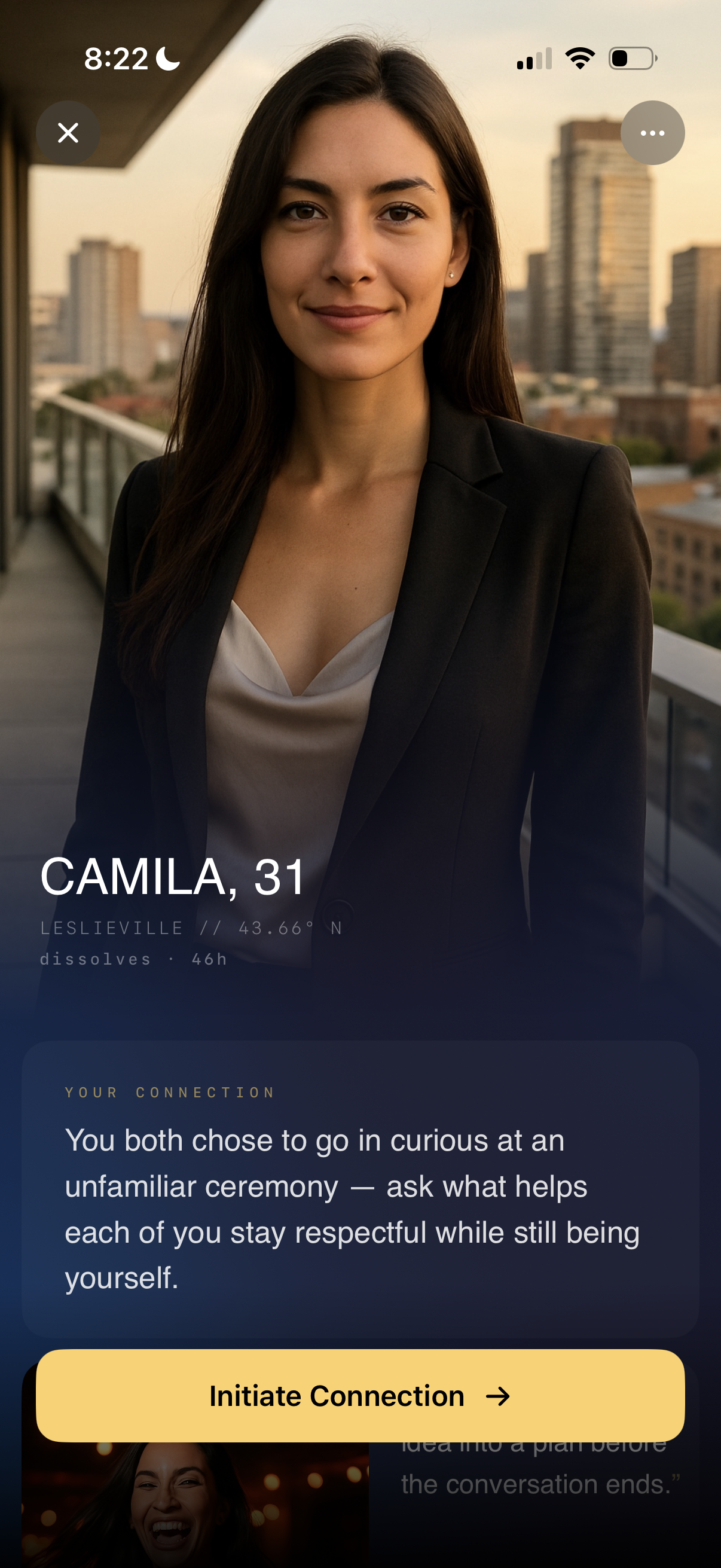 Match detail — Camila, 31, with Initiate Connection